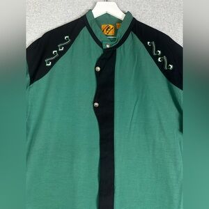 VTG Trutus Biancarra‎ Mandarin Shirt Mens XL Green Black Button Up Gold Buttons